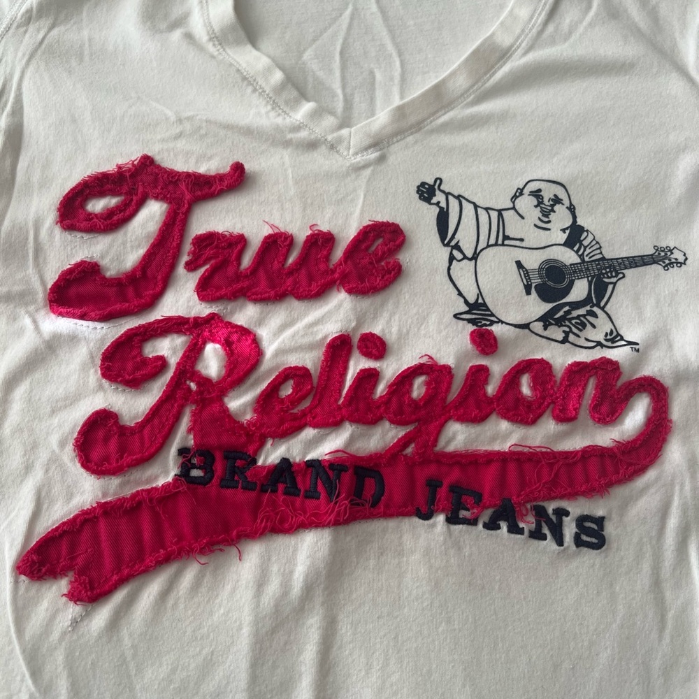 True Religion White and Pink Short Sleeve Tee